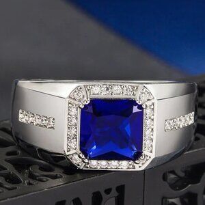 🆕 Men's Micro Pave 3.00ctw. Sapphire and Diamond Ring 18K White Gold Pltd 🆕